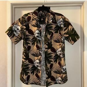 RSQ Skull Leaves Mens Button Up Shirt Size Large Slim Fit